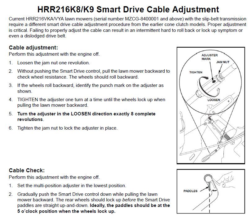 HRR216 Drive Cable Adjust My Lawnmower Forum