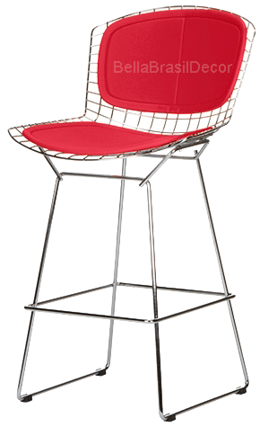 Banqueta Bertoia Cromada com Almofada de Encosto - Vermelho Banqueta Bertoia Cromada com Almofada de Encosto - Vermelho 69cm